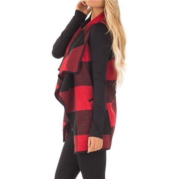 Women’s Plaid Sleeveless Vest, Open Front Cardigan with Pockets - Picture 3 of 7